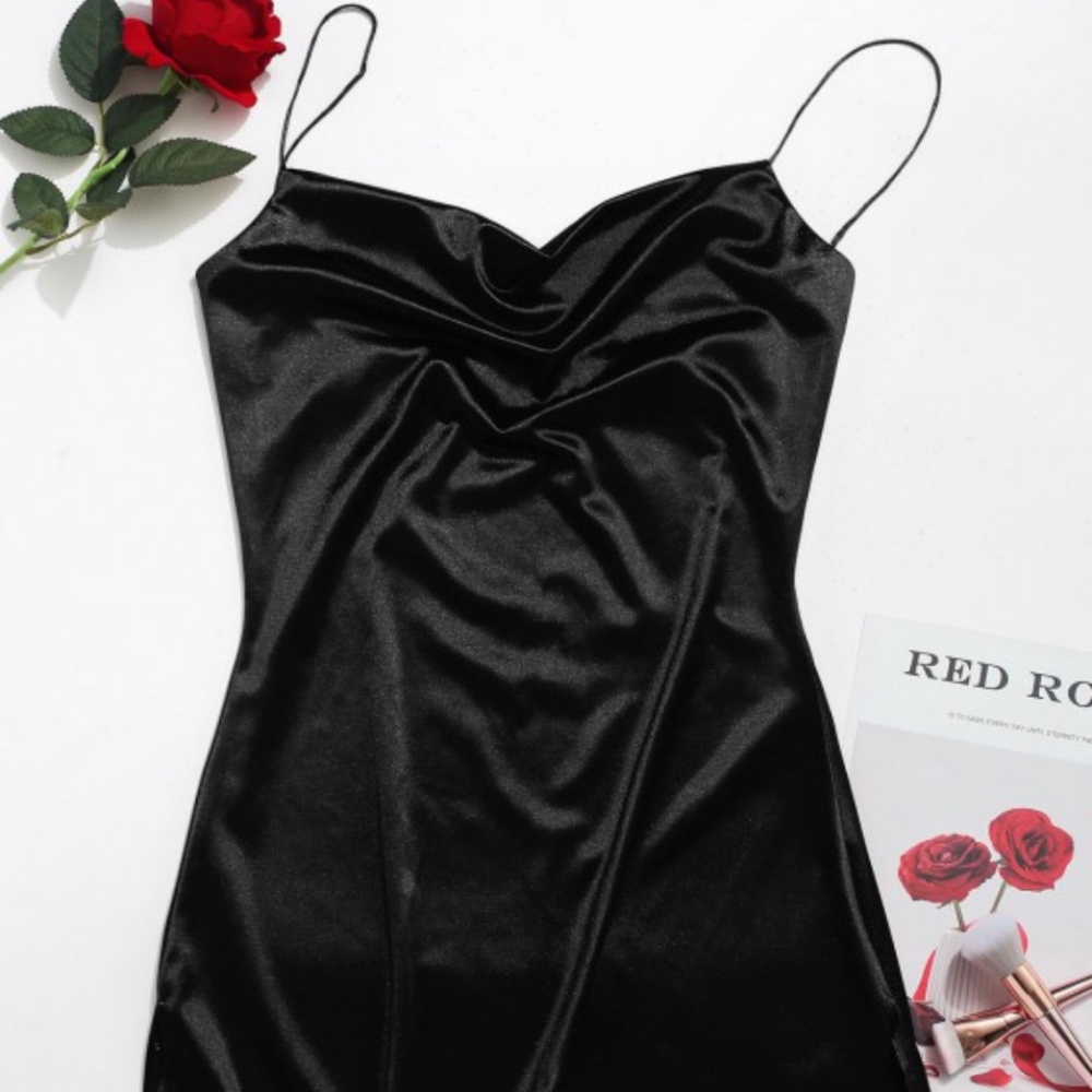 Zaful Side Slit Satin A Line Cami Dress In Black